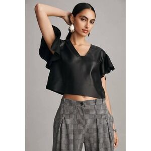 Anthropologie‎ Maeve Cropped Ruffle Sleeve Top Black Feminine Flutter Blouse